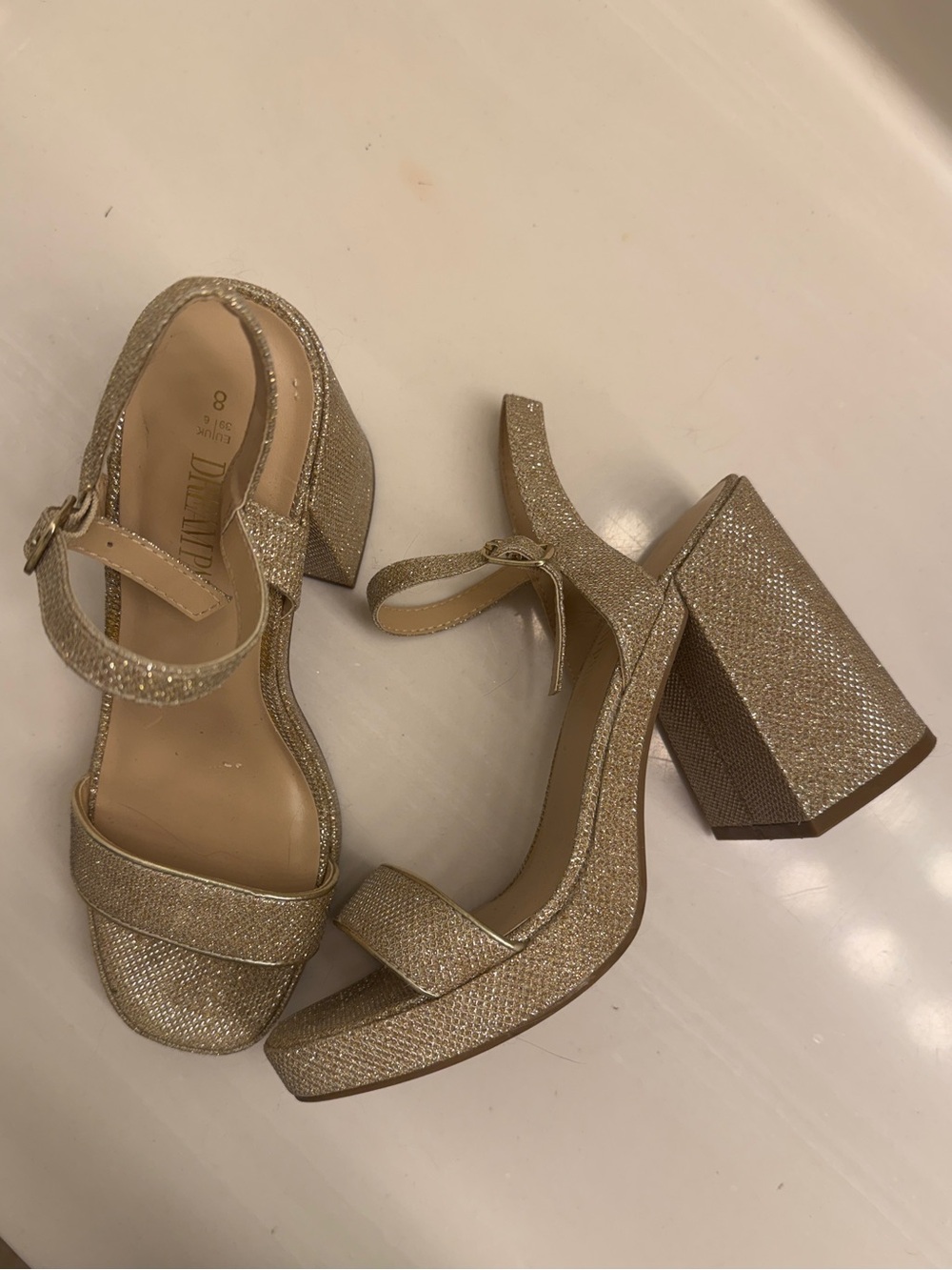 Women's gold sparkly chunky heels